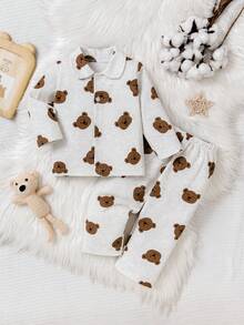 2pcs Kids Boys Cute Bear Allover Print Button-Up Long Sleeve Top And Pants Pajama Set, Comfortable For Everyday Home Wear - White - View 1