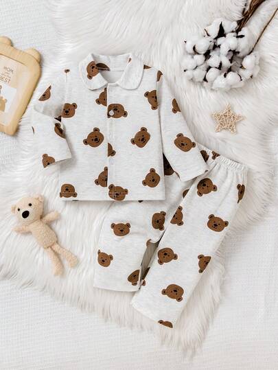 2pcs Kids Boys Cute Bear Allover Print Button-Up Long Sleeve Top And Pants Pajama Set, Comfortable For Everyday Home Wear