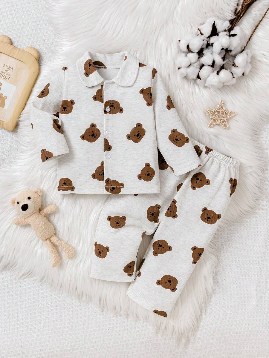 2pcs Kids Boys Cute Bear Allover Print Button-Up Long Sleeve Top And Pants Pajama Set, Comfortable For Everyday Home Wear - White - View 1