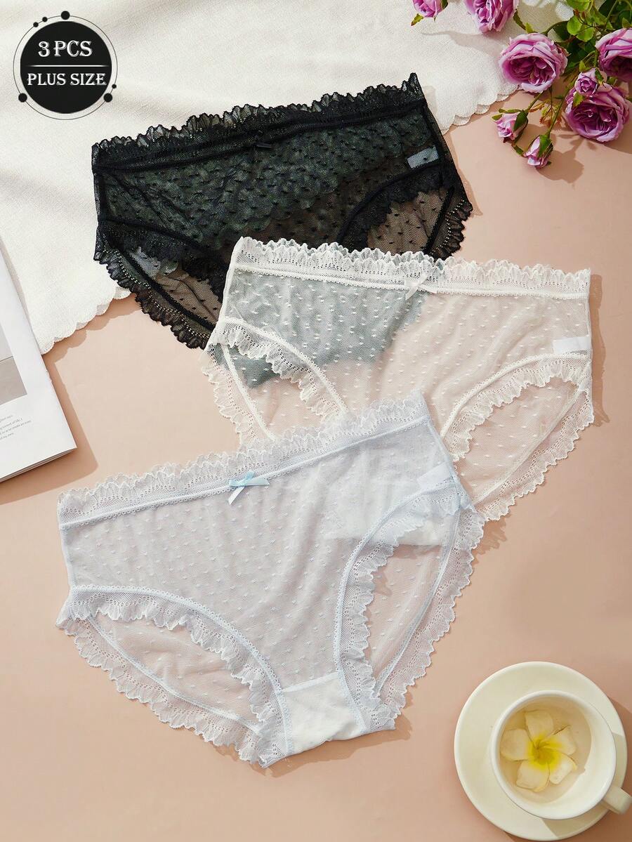 3 sztuki świeżych, słodkich, seksownych koronkowych, wyciętych, półprzezroczystych, małych, świeżych kokardek, jednolitych kolorów, dużych rozmiarów, damskie spodnie trójkątne z niskim stanem, modna, prosta, francuska, romantyczna, czysta i słodka bielizna, lekka, miękka, jedwabista i gładka, styl na cztery pory roku, do domu, na podróż, na imprezę, dostępne w wielu kolorach