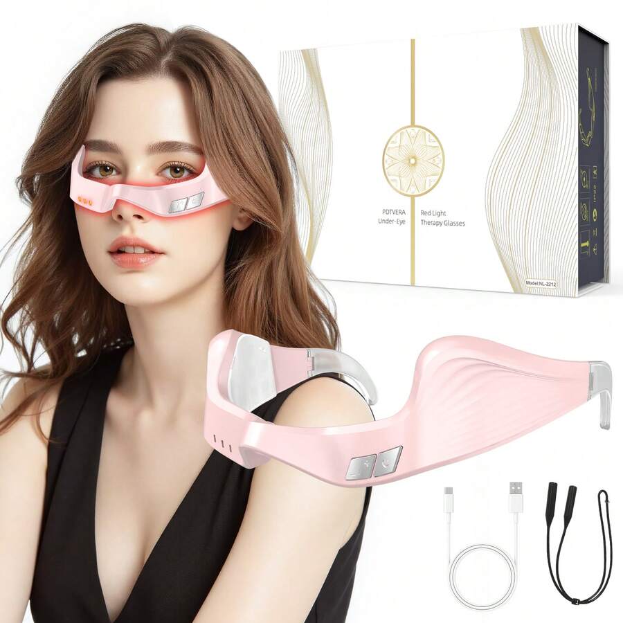 COSYGLOW Under Eyes Red Light Therapy Massager Glasses, Microcurrent Eye Face Red Light Beauty Device, 4D Wrap Around  Eyes Massager Used For Removing Eye Wrinkles, Eye Bags, Fine Lines,Dark Circles,Pink