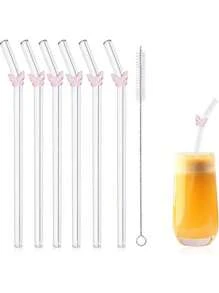 Set de 6 pajitas de vidrio reutilizables con adorno de lazo - Pajitas de beber curvadas resistentes a los golpes + cepillo de limpieza - Pajitas elegantes para cócteles, batidos y bebidas frías (20cm)