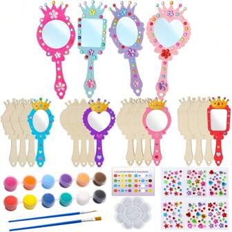 12/20/24pcs Unfinished Wooden Crown Mirror Painting Craft DIY Kit, Includes Wooden Crown Frames, Gem Stickers, 12 Colors Of Paint, And 2 Paintbrushes. Suitable For Mother's Day, Halloween, Princess/Fairy Costume Parties, To Create Your Own Wooden Painting Toys And Ideal Gifts (Some Accessories Colors Are Random)