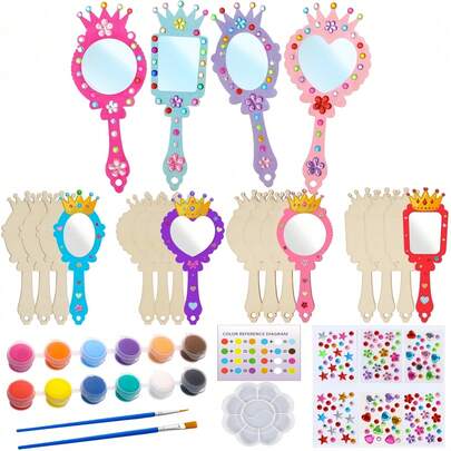 12/20/24 st oavslutade träkronor och spegelmålningsset för DIY, innehåller träkronor, ädelstensklistermärken, 12 färger färg och 2 penslar. Lämplig för mors dag, halloween, prinsess-/älvkostymfester, för att skapa dina egna trämålningsleksaker och perfekta presenter (vissa tillbehörsfärger är slumpmässiga).
