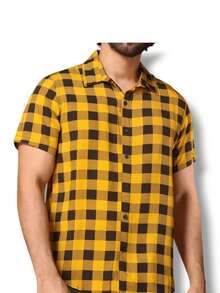 New Men's Short Sleeve Social Plaid Shirt - Yellow - View 1