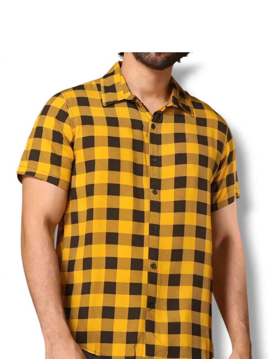New Men's Short Sleeve Social Plaid Shirt - Yellow - View 1