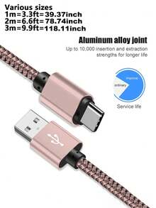 1pc USB-C Fast Charging Cable [3.3ft/6.6ft/10ft] USB-A To C Nylon Braided Charging Cord, Compatible With Samsung Galaxy S25 S24 S23 S22 S21 S10, Note 20 10 9 A51 G8 G7, Pixel, And Other USB-C Devices - Coral Pink - View 8