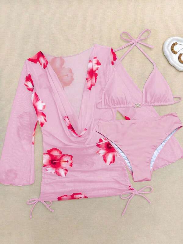 Plus Size Sexy 3 Pieces Set: Lace-Up Swimwear Top, Printed Beach Sarong & Pearl Embellished Bottoms, For Spring/Summer Vacation & Cruise,Removable Swimwear Pads,Cover Up Dress,Summer Dresses For Women,Summer Clothes Women,Festival,Skirts,Ibiza Outfits,Swimwear Women,Bikini Set,Swimming Costume Women,Beach Wear Women,Holiday Co Ord,Beach Dress,Bikinis For Women Sets,Swimsuit,Pink