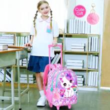 3件套女孩拉杆背包，儿童滚轮书包，带午餐袋的小学生拉杆书包 - 猫咪