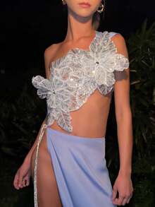 Women Asymmetrical 3D Flower Crop Cami Sparkly Glitter Sleeveless Bandage Tank Top Elegant Y2K Party Streetwear - 藍色 - 查看 1