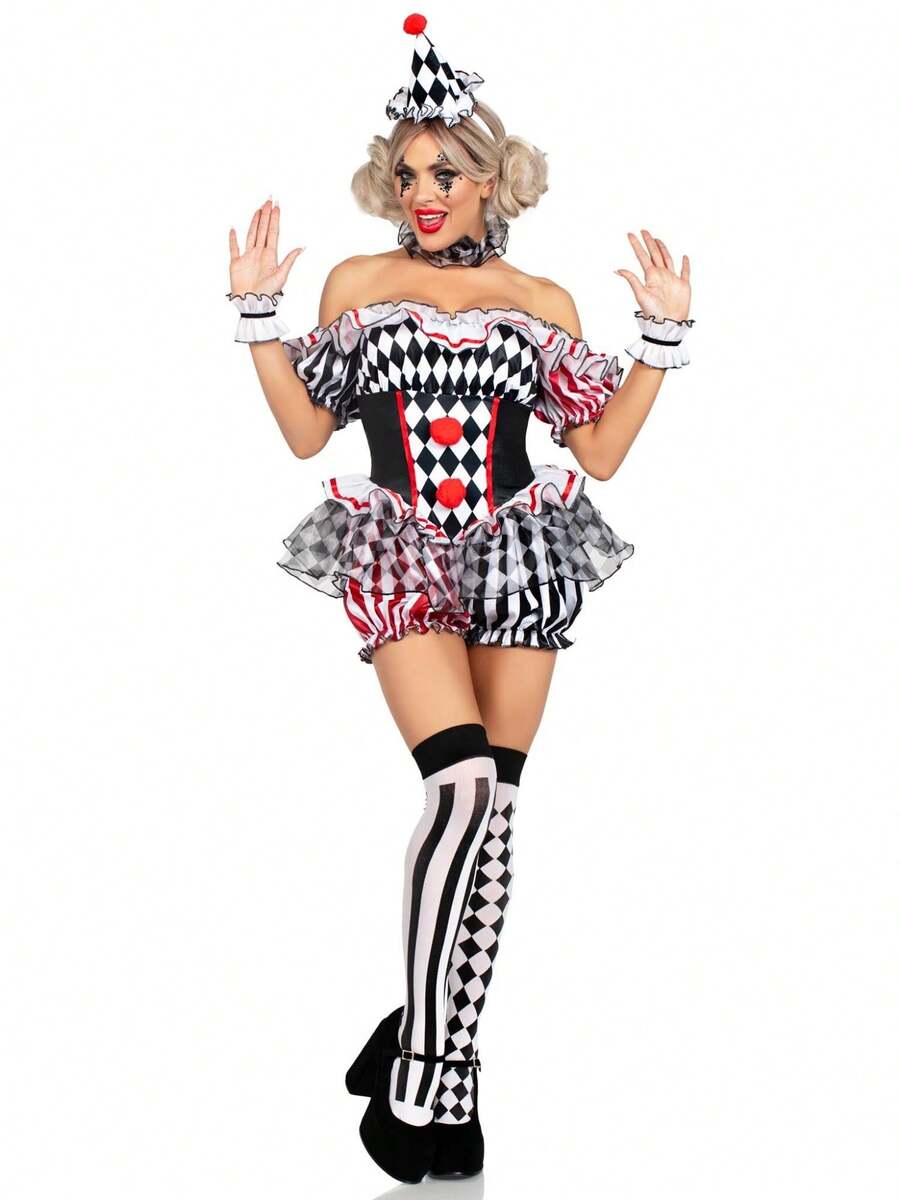 Women's Creations Creepy Clown Cosplay Costume Scary Jester Outfit For Adult Halloween Costume Set - Black - View 1