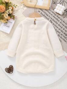 Baby Girls' Daily Casual White Knitted Floral Embroidered Crew Neck Long Sleeve Bodysuit, Suitable For Autumn/Winter Outdoor Or Indoor Wear - Beige - View 8