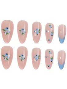 24 件短杏仁形指甲贴纸，夏季蓝色法国蓝莓可爱美甲贴花套装（包括 1 个指甲锉、1 瓶凝胶指甲油），适合女性日常、约会、派对 - 彩色 - 查看 3