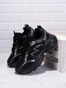 1 双青少年轻便透气网眼休闲运动鞋，春秋季，低帮，时尚配色，百搭，系带和钩环双闭合，减震鞋头设计，适合日常穿着、上学、运动 - 黑色 - 查看 7