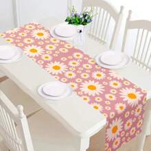1 Stück 33x180cm rechteckiger Tischläufer mit rosa Hintergrund und großen Gänseblümchen, saisonale Feiertags-Dekoration romantischer Esstisch, Polyesterfaser, geeignet für Küche, Esszimmer, Tischversammlungen zuhause, innen & außen