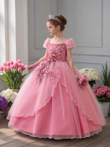 Tween Girl Long Satin Mesh Solid Color Elegant Dress, Suitable For Formal Events, Galas, Parties (Headband Not Included)