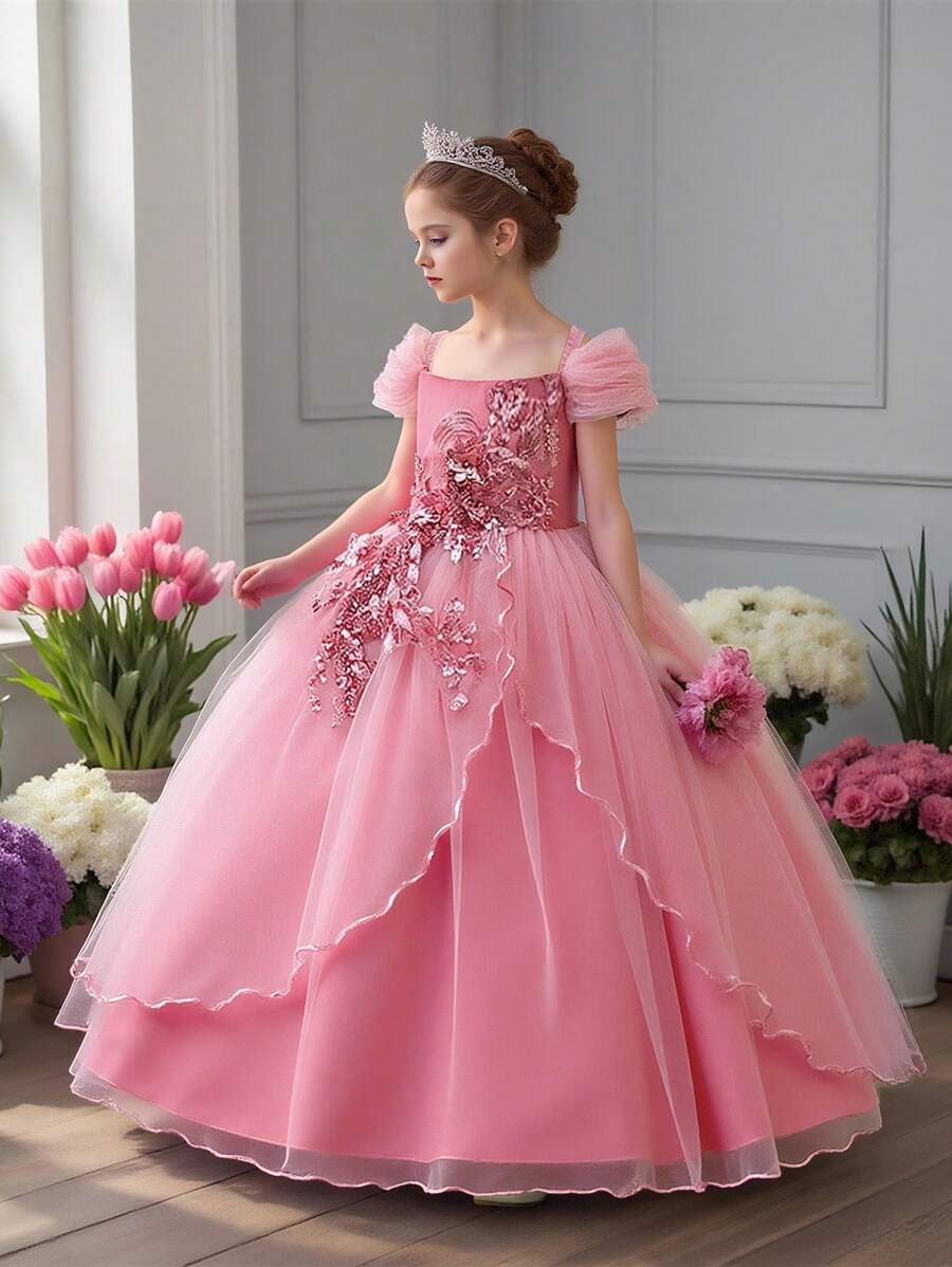 Tween Girl Long Satin Mesh Solid Color Elegant Dress, Suitable For Formal Events, Galas, Parties (Headband Not Included)