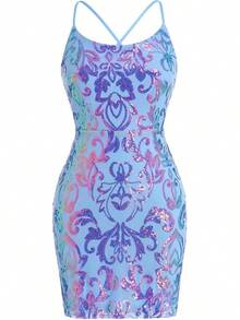 Teen Homecoming Dress Sequins Bodycon Mini Spaghetti Strap Floral Glitter - Sky Blue - View 4