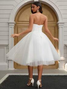 YUMIBRAVO Elegant Solid Color Bow Decor Mesh Patchwork Strapless Wedding Dress - White - View 7