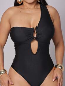 WOMEN'S BODYSUIT ONE SHOULDER SO ELEGANT  BUCKLE Simple Elegant Cotton Wrinkled Hollow / Cut Birthday Party SUMMER - màu đen - Xem 2