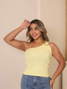 Women's Null Blouse With Gold Hoop Sleeve, Elegant And Comfortable, Ribbed Fabric - 黃色 - 查看 3