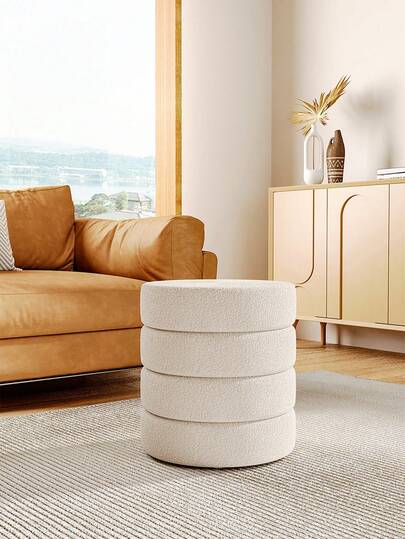 LIVINGANDHOME Living And Home Plush Round Channel Ottoman In Luxurious Teddy Bear Fur - Soft 43cm Footrest And Seat With 120kg Capacity - Available In Elegant White Or Grey