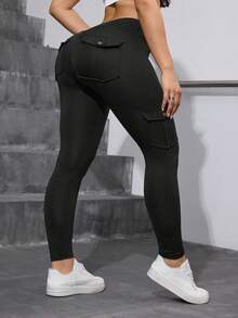 Damen Sport Cargo Taschen Leggings, 4 Taschen, hoher Bund Skinny Hose, geeignet für Laufen, Training und Alltagstragen, Activewear, modische Yogahose