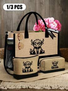 高地奶牛纹沙滩包套装 - 黑色和卡其色配套手提包 + 化妆包 | 大容量可调节肩包，包含方形钱包和帽子 | 多功能旅行收纳包，适合婚礼、度假和日常使用 | 送给女性、妈妈和伴娘的贴心礼物 | 返校必备和母亲节礼物 - 彩色 - 查看 1