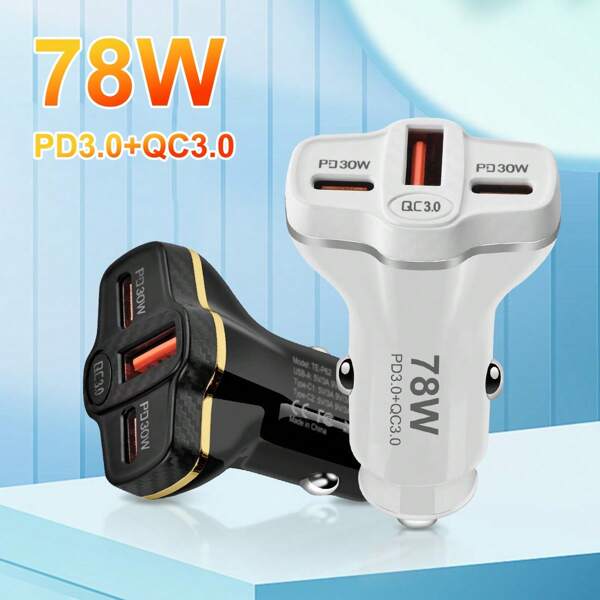 78W USB C Car Charger, 3 Ports For Multiple USB Devices | 2-PD 30W/QC3.0 18W Compatible With IPhone 16 15 14 13 IPad Type-C Laptop For Sam-Sung Galaxy S24/23/22 Ultra Pixel