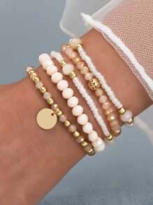 5pcs/Set Fashionable & Versatile Rice Pearl Bead Round Pendant Stacked Bracelets, Suitable For Women Summer Beach Vacation Daily Accessories