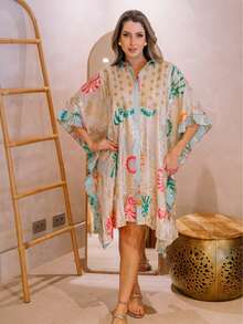 KIARA BRASIL Boho Chic Crepe Dress, With Collar In Various Colors, Gold Embroidery. #21109 - White - View 1