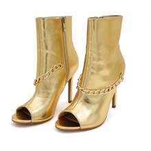 Women's Peep Toe Ankle Boots, Gold Chain Detail, High Heel: Stylish Design, Non-Slip Rubber Sole, Latex Insole For Comfort, Perfect For Shopping, Parties, And Casual Outings  Fashionable    Polyester - 金色 - 查看 4