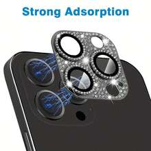 1 Set Glitter Shiny Diamond Metal Ring Tempered Glass Back Camera Screen Protector Lens Cover Compatible With IPhone - Black - View 6
