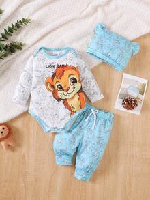3件套“勇敢狮子宝宝”幼儿长袖上衣、狮子印花裤子和带耳朵的帽子套装 - 藍色 - 查看 1