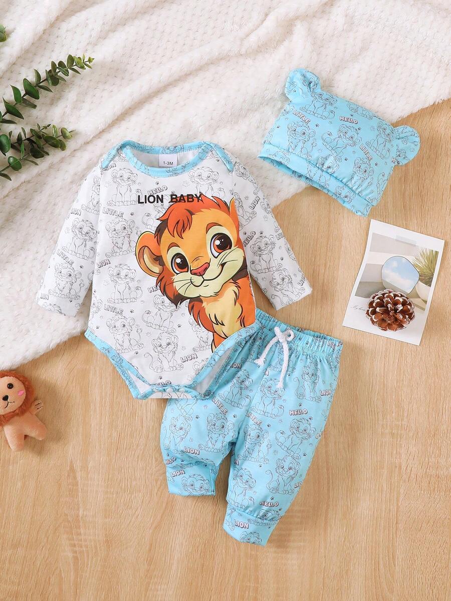 3件套“勇敢狮子宝宝”幼儿长袖上衣、狮子印花裤子和带耳朵的帽子套装 - 藍色 - 查看 1