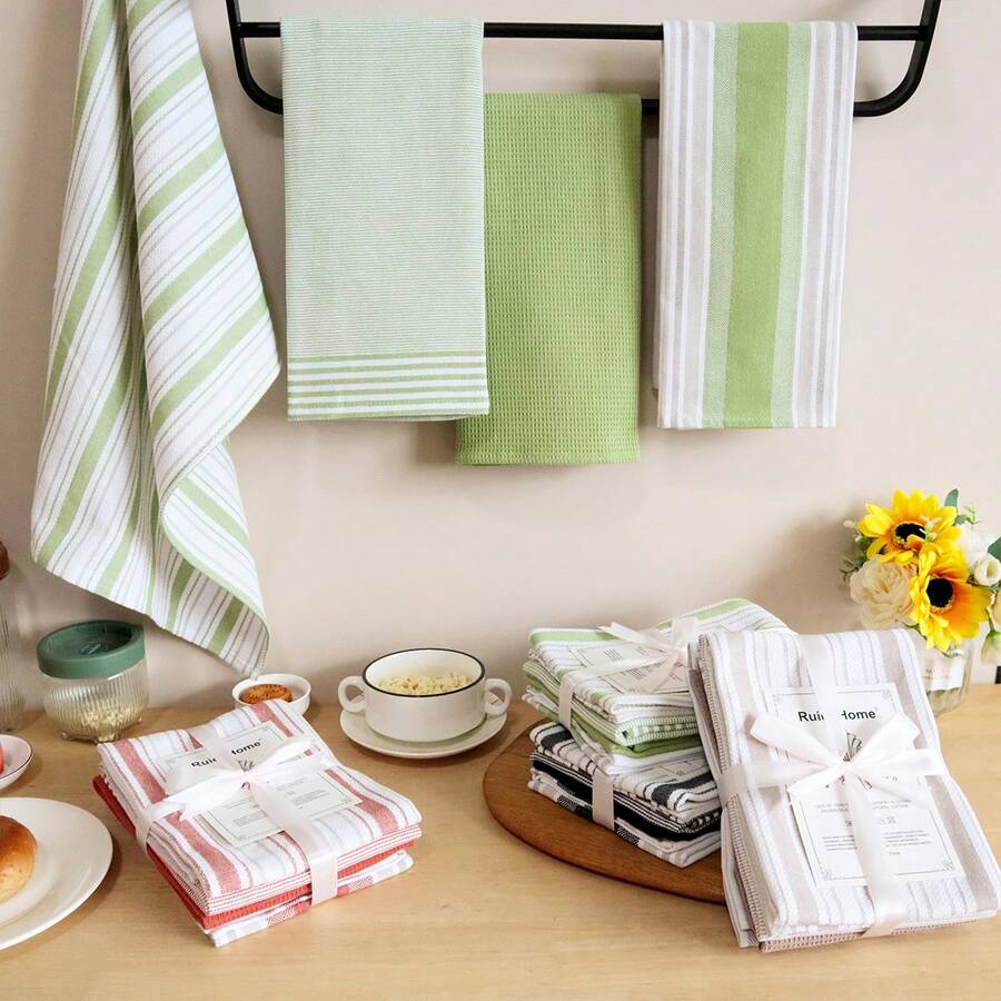4pcs/Set Assorted Rectangular (17.72*25.59inch) Kitchen Towel Set, Soft Absorbent Dish Cloth, Cleaning Rags, Tea Towels, Ribbon Packaging, Suitable As Thanksgiving Gift, Farmhouse Kitchen Decor