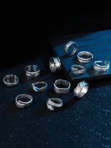 12PCS/ Vintage Rings Men Cool Adjustable Angel Wings Ring Gothic Punk Open Ring Set, Metal, No Gemstones Fashionable Men's Jewelry Gift Rings For Men Rings Jewelry For Men - Multicolor - View 7