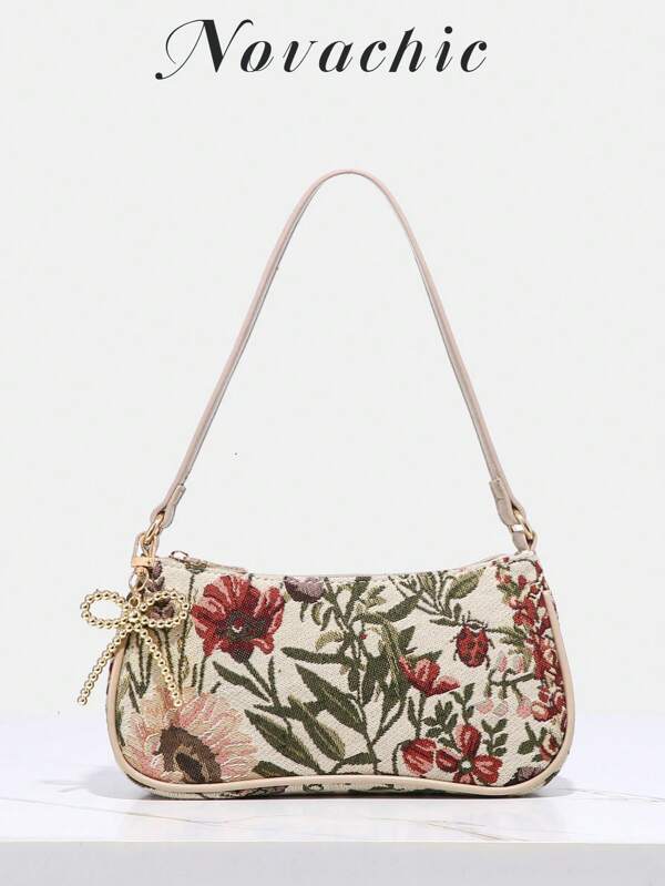 1pc Novachic Vintage Floral Decor, Bow Pendant Decor, Women Simple Shoulder Bag, Underarm Bag, Suitable For Daily Use