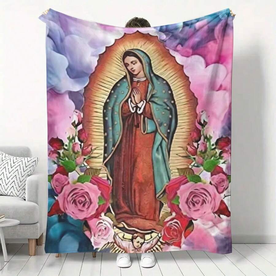 Virgin Mary And Rose Printed Flannel Blanket– Soft, Perfect For All Seasons,     Washable And Machine-Washable, Lightweight, Breathable, Comfortable, Warm,  Unique, 280gsm For Him And Her, Perfect For Naps, Camping, Travel, Family, Daily Life, Office Decoration, Birthday Anniversaries, Valentine's Day, Thanksgiving, Christmas, Halloween, Mother's Day, Father's Day, Wedding,   New Year Gifts Provide Personalized Ideal Gifts For Her, Him, Family Members, Boyfriends,  Girlfriends, Fathers, Family Members, Mothers, Lovers,   Daughters, Sons,   Grandfathers, Grandmothers,   Friends, Classmates And Pets.   Sofa,Bed,Car,Bedroom,Living Room,Office,  Outdoor Camping, Beach,Wall Decoration Made From USA - 多色11 - 查看 1