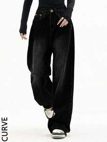 Women's Loose Button Front Wide Leg Plus Size Jeans, Casual And Fashionable-Fall Clothes For Women - Black - View 4