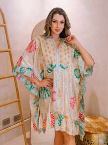 KIARA BRASIL Boho Chic Crepe Dress, With Collar In Various Colors, Gold Embroidery. #21109 - White - View 2