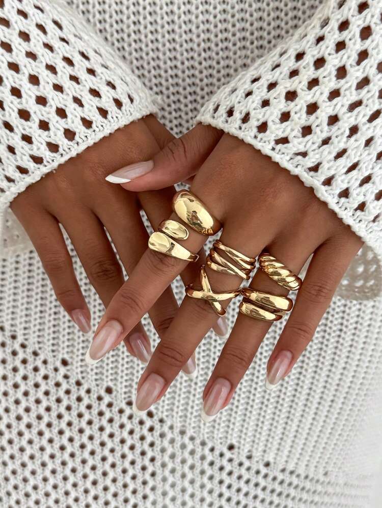 6pcs/Set Asymmetrical Geometric Vintage Textured Concave Rings Set, Elegant Fashion Casual Daily Party Cocktail Rings For Women, Couples, Dating, Vacation, Versatile Jewelry - Ring - View 1