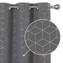 2 Pcs Blackout Curtains For Bedroom & Living Room - Diamond Foil Print, Grommet Top, Thermal Insulated & Room Darkening (Blocks Sun, Saves Energy) - 淺灰色 - 查看 2