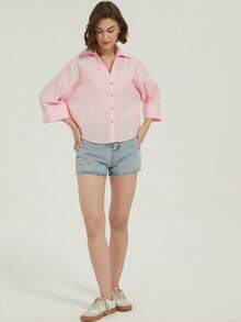 Pink Loose Casual Shirt, Elegant Office/Vacation Wear, Street Fashion & Beach Resort - Pink - View 8