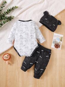 3件套“勇敢小狮子宝宝”幼儿长袖上衣、狮子印花裤子和带耳朵帽子套装，轻盈柔软