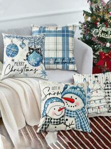 4 pièces Taie d'oreiller en lin de Noël, Housse de coussin Joyeux Noël avec sapin de Noël, bonhomme de neige, boule de Noël et motif à carreaux, Housse de coussin 45*45cm (Hors rembourrage), Décorations de Noël, Décoration de fête de Noël