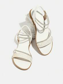 Sandales plates pour femmes, nouvelles sandales plates de plage d'été décontractées à la mode avec décoration par transfert d'eau pour femmes - Blanc - Voir 7