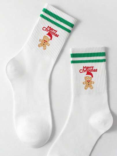 1 Paar Damen/Paar Socken mit grünen Streifen bis zur Mitte des Knöchels, Lebkuchenmann, Fröhliche Weihnachten Schriftzug, weich, atmungsaktiv, feuchtigkeitsableitend, Lässig, geeignet für Weihnachten, Studenten/Erwachsene, Urlaubsgeschenk, Alltag, drinnen und Outdoor, Sport