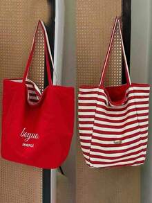 双面复古风格条纹帆布手提包，女士大容量条纹帆布手提包 - 时尚单肩包，适合旅行和购物，鲜艳的红白条纹，宽敞，多功能，可手洗 - 无封口，日常手提包，休闲日常手提包，购物手提包|休闲时尚包|条纹图案包，沙滩配饰|镂空设计 - 彩色 - 查看 2