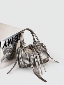 1个枪灰色拼接铆钉金属流苏拉链装饰复古PU材质肩带铆钉双提手可调节长肩带拉链闭合时尚复古甜美朋克Y2K风格方形手提包，休闲低调奢华女士斜挎包，可装手机、卡包，适合日常、旅行、购物 - 槍色 - 查看 7